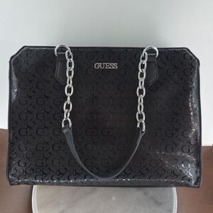 GUESS Tote Bag Womens Large Black Logo PVC Chain Strap Shoulder Purse Monogram